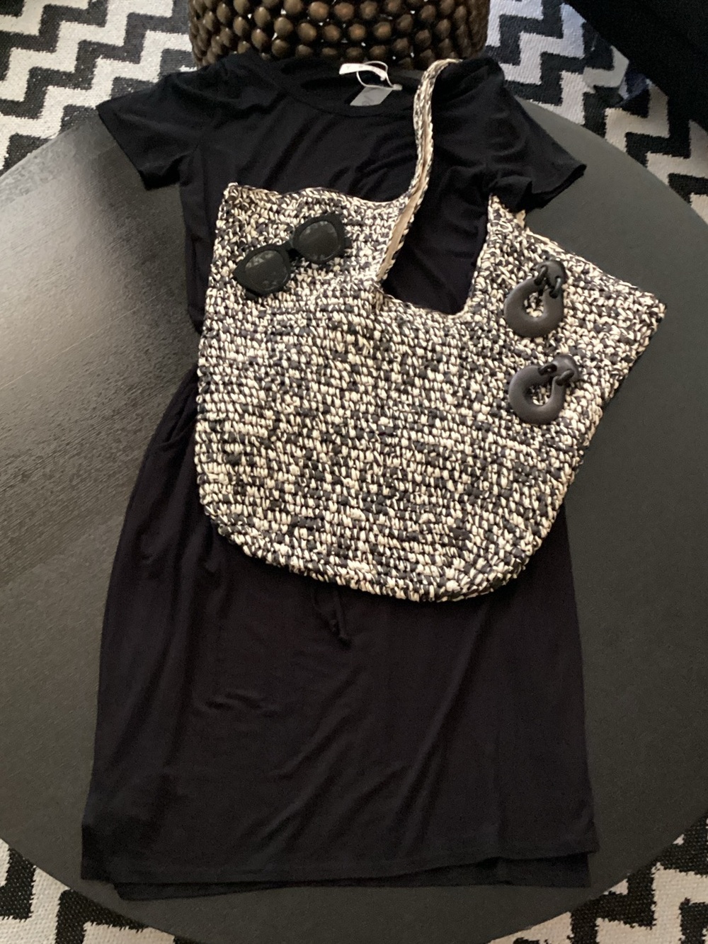 Rattan/Straw Black & Cream Woven Tote